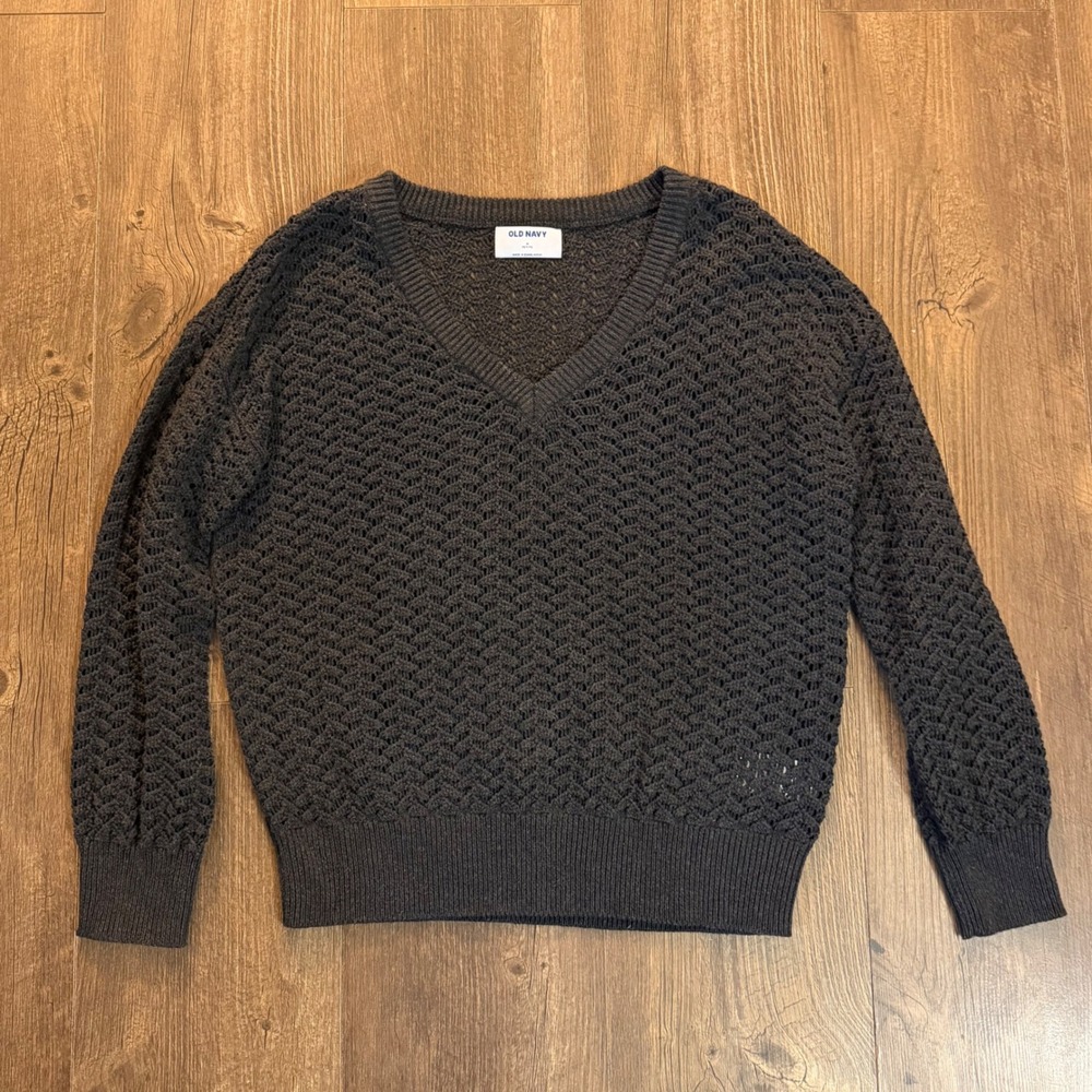 Old Navy Sweater Black Womens‎ Medium Petite V-Neck Pointelle Knit Crochet